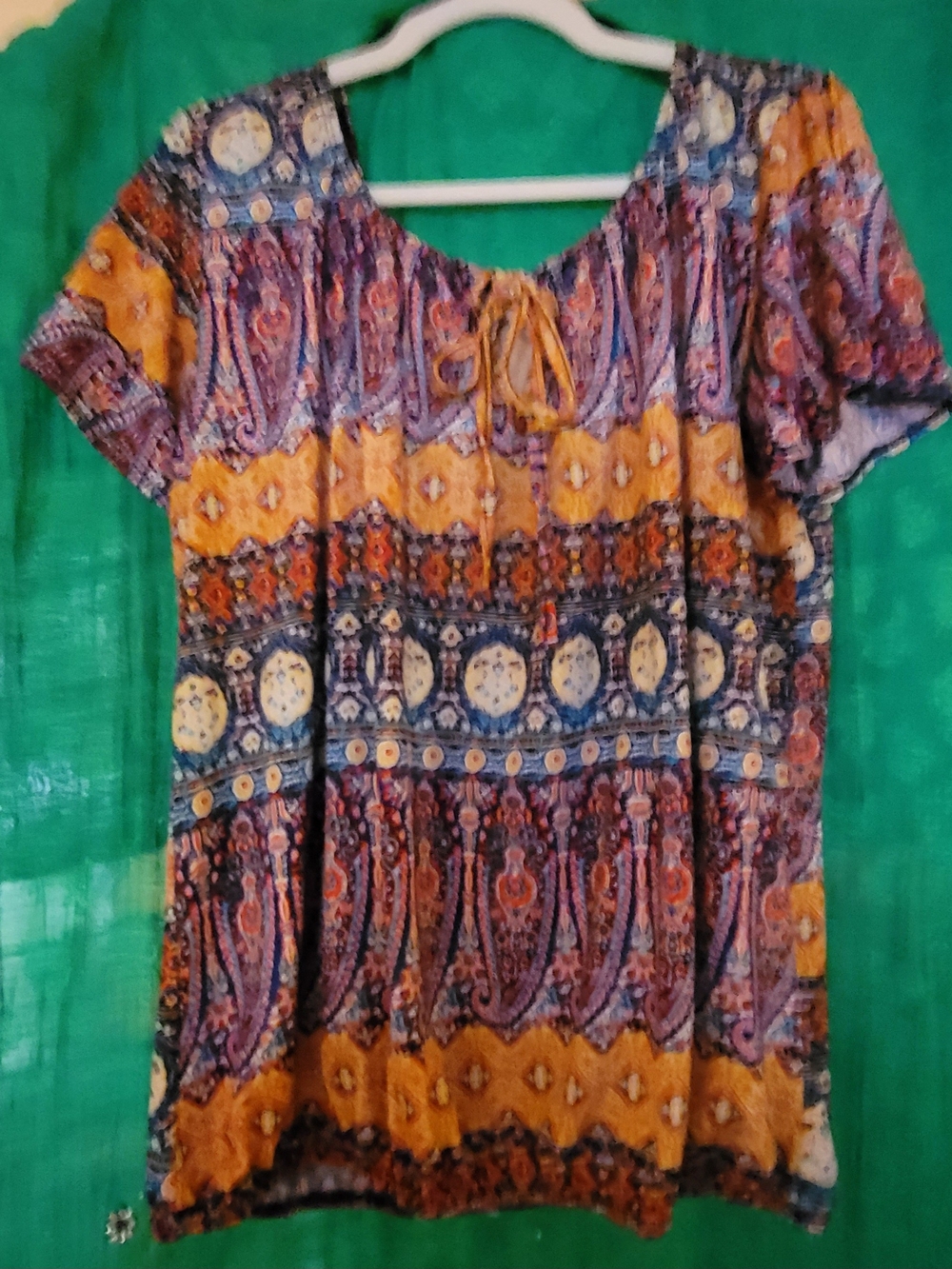 Bohemian Print Short Sleeve Women's Top - Mustard & Blue